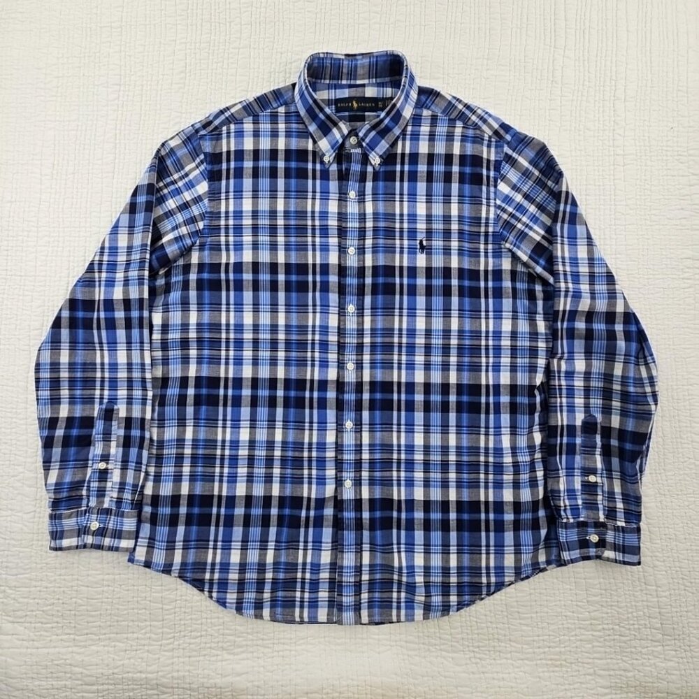 Ralph Lauren‎ Classic Fit Shirt Men's XL Blue Plaid EUC Long Sleeve Button Down